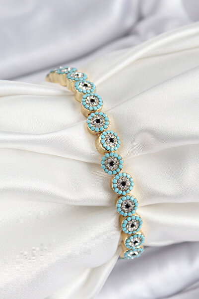 Skygo Brass Zircon Stone Turquoise Evil Eye Model Gold Color Elastic Women's ...