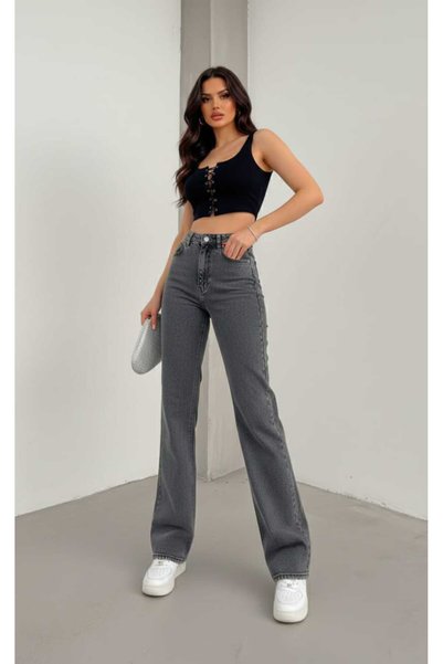 LİMABEL Alaz Power Likralı Kadın Füme Kar Süper Yüksek Bel Salaş Paça Jeans Kot Pantolon