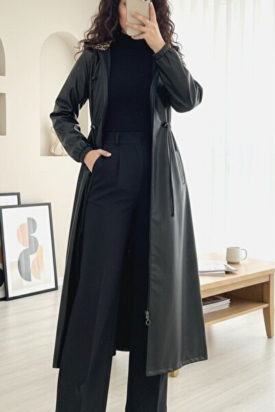 HİJABAYA Μακρύ δερμάτινο καπάκι Tunnel Lace Up Hooded