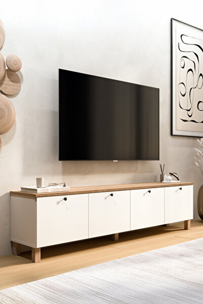 Yurudesign Nord Tv Ünitesi Sehpası 4 Kapaklı Ahşap Ayaklı 180cm Sepet-Beyaz N...