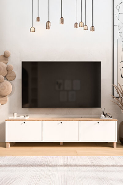 Yurudesign Nord Tv Ünitesi Sehpası 3 Kapaklı Ahşap Ayaklı 180cm Sepet-Beyaz N...