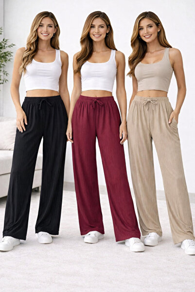 Genel Markalar 3'Lü Nefes Alan Kumaş Kurdele Bel Detaylı Baskılı Cepsiz Kadın...