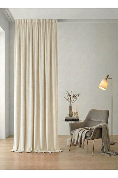 Bercem Home Velvet Textured Extralight Drawstring Background Curtain - Ecru -...