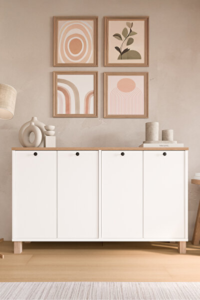 Yurudesign Nord Konsol 4 Kapaklı Ahşap Ayaklı 120cm Sepet-Beyaz ND2-SW