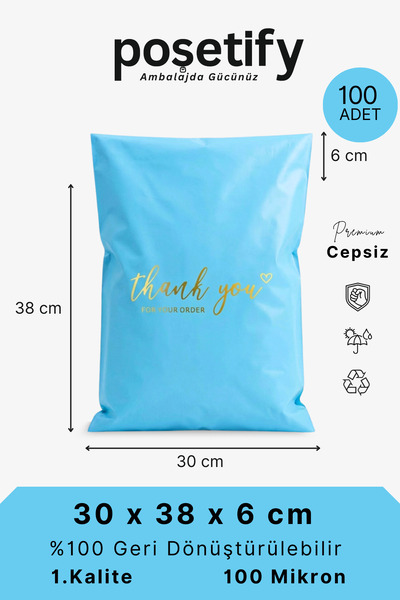 POŞETİFY Premium Renkli Kargo Poşeti 30x38x6 cm | 100 Adet | Thank You Baskıl...