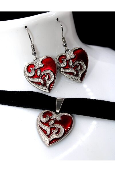 Mournbelle Gotik Kırmızı Kalpli Parıltılı Choker Seti