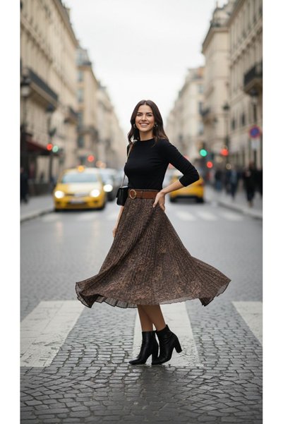 SİBELİZE Patterned Pleated Belted Long Skirt