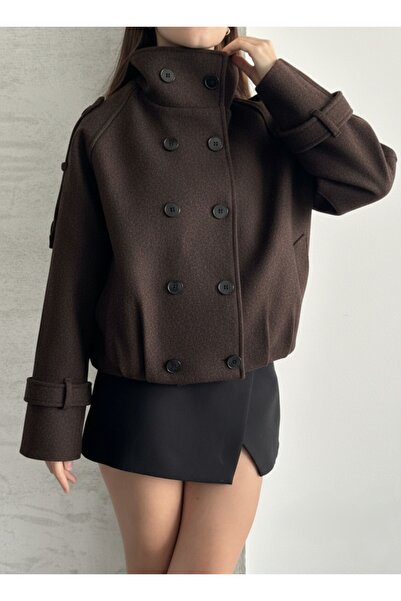Lovely butik KOYU KAHVE KRUVAZE DİK YAKA KAŞE KISA MONT CEKET