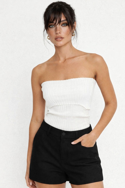 Be Best Women's White Strapless Knitwear Blouse Be334