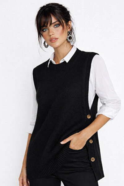 Be Best Γυναικείο μαύρο αμάνικο πλεκτό τούνικ με κουμπιά στα πλαϊνά BE287