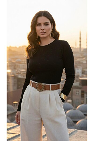 SİBELİZE Stone Embellished Black Long Sleeve Bodysuit