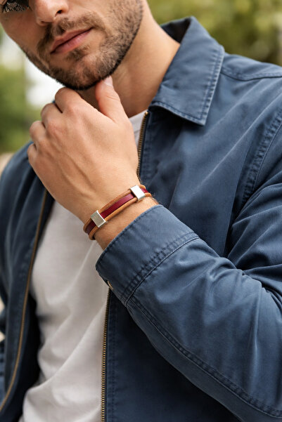 Kutcha Accessories Bordo Kahverengi Erkek Hakiki Deri Bileklik