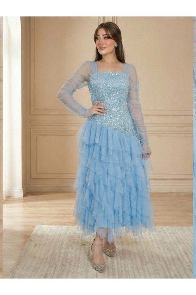 TREN Stunning Chiffon Crepe Evening Gown With Long Sleeves And Embellishments...