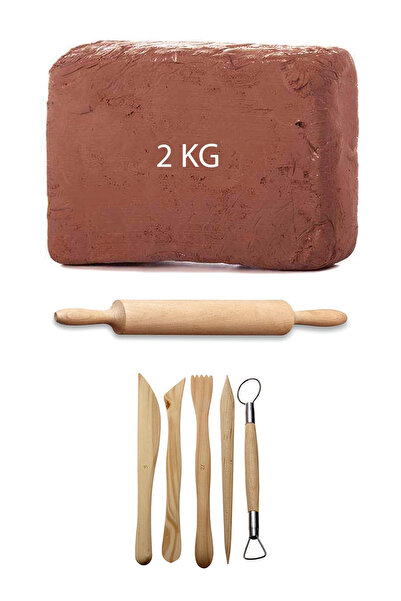 ACUTO 2 Kg Kahverengi Seramik Hamuru Kırmızı Kil 5'li Ahşap Ebeşuar Seramik Ş...