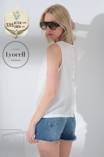 Maule Λινό Lyocell με κουμπιά στην πλάτη, γυναικεία μπλούζα με λαιμόκοψη ποδη...
