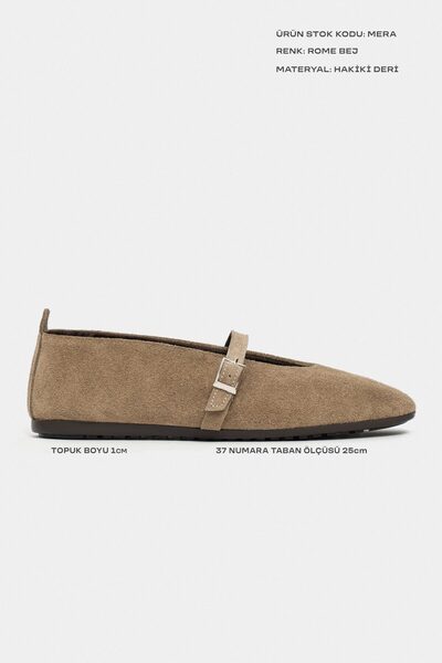 NİŞANTAŞI SHOES Mera Rome Bej Süet Toka Detay Hakiki Deri Toka Detay Düz Taban Kadın Babet