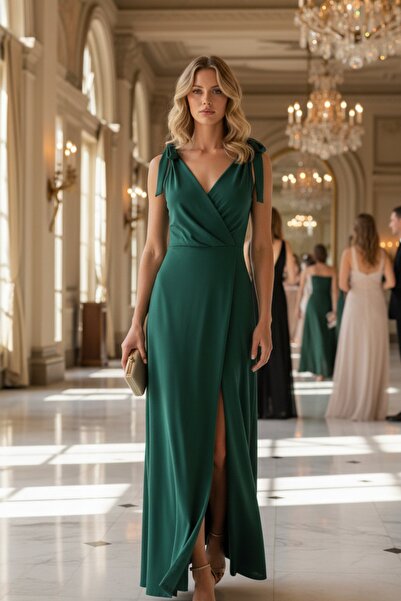 Mossta Double Breasted Collar Strap Slit Crepe Dress - Green