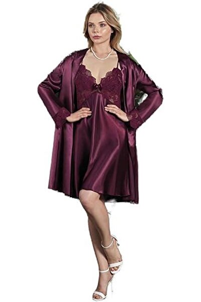 Nurteks Μωβ LaceDetaled Satin Nightgown και φόρεμα 2 τεμαχίων 5324