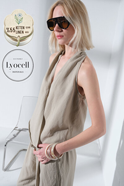 Maule Λινό Lyocell Αμάνικη Γυναικεία Μπλούζα με Υφαντό Σχέδιο V-λαιμόκοψη @Karen