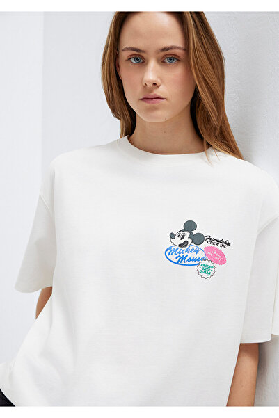 Mavi Mickey Mouse Baskılı Ekru Tişört Oversize / Geniş Kesim 1614039-70057