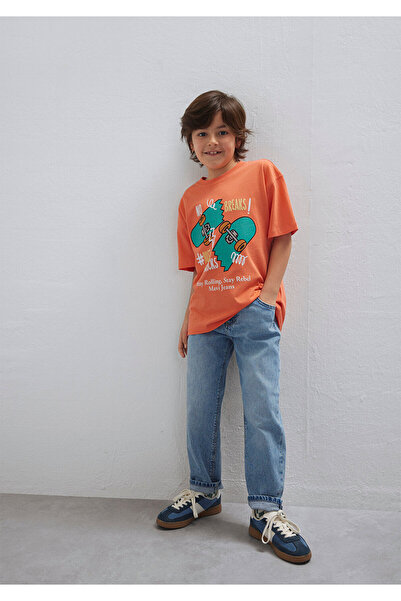 Mavi Baskılı Turuncu Tişört Oversize / Geniş Kesim 6610448-71268