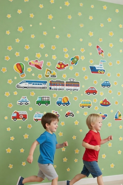 KT Decor سيارة وشاحنة وقطار وسيارة إسعاف و50 قطعة من ملصقات الحائط لغرفة الأط...