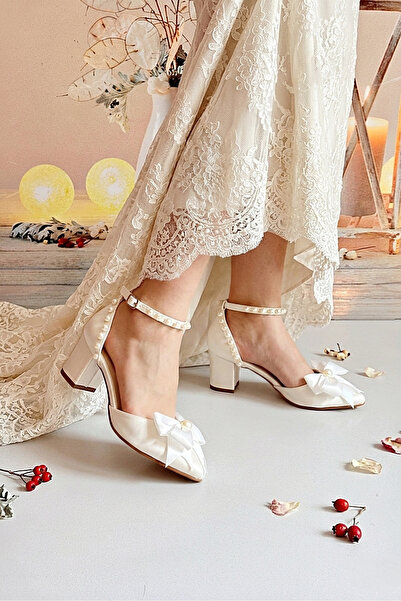 Modavien Pantofi de mireasă ecru pentru femei, cu fundă de perle de 5 cm