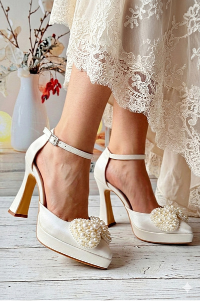 Modavien Pantofi de mireasă cu platformă de 10 cm, cu fundă albă cu perle (MĂ...