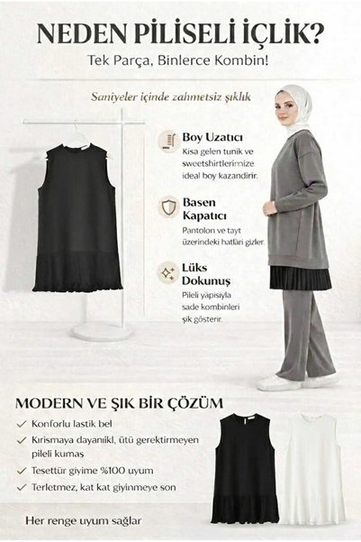 moda benna Women's Pleated Undergarment Black-Ecru 2-Piece Set Hijab Shirt Pleated Tunic Blouse T-Shirt