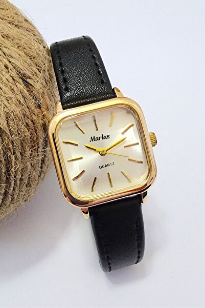Marlas Retro Kadın Kol Saati, Vintage Tasarım, Minimal Tasarım Gold Rengi Siy...