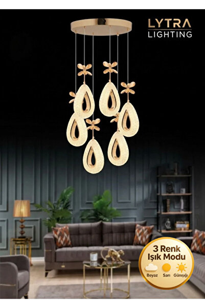 Litra Lighting Damla Model 6'li Gold 3 Renk Modu Ledli Kristal Taşlı Modern S...