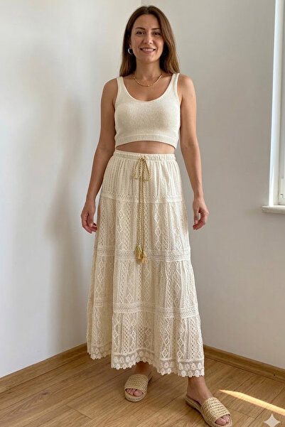 AYASOFYA OTANTIK Kadın Italyan Bej Bağlama Detaylı Lastikli Belli Güpürlü Dan...