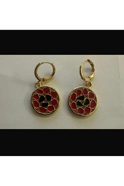 KARE ACCESORIES Red and Black Mine Detailed Gold Color Hoop Dangle Earrings