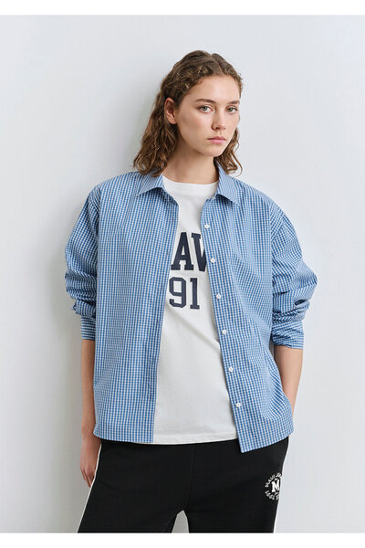 Mavi Kareli Gömlek Loose Fit / Bol Rahat Kesim 1211203-84598