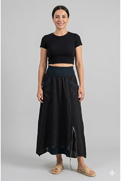 AYASOFYA OTANTIK Fusta lungă de in pentru femei, italiană, neagră, cu buzunar...