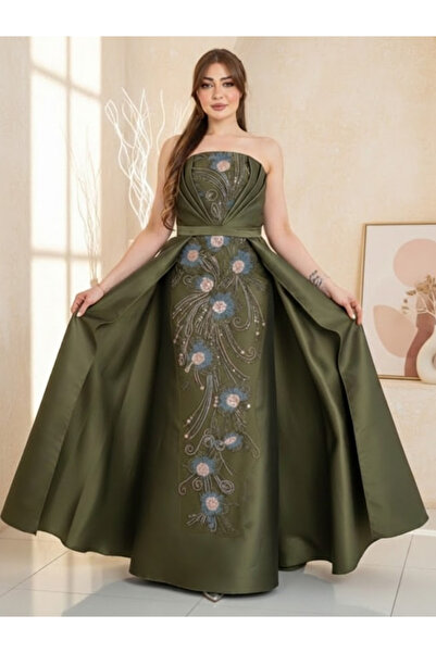 TREN Majestic Heavy Taffeta Flowing Gown With Golden Sequins And Raised Roses...