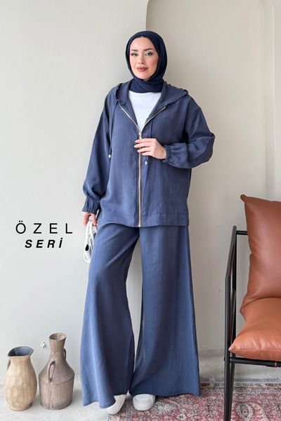 Mogi Butik طقم حجاب كبير الحجم بغطاء رأس وسحاب من قماش تنسيل 3178 - سلسلة فورم