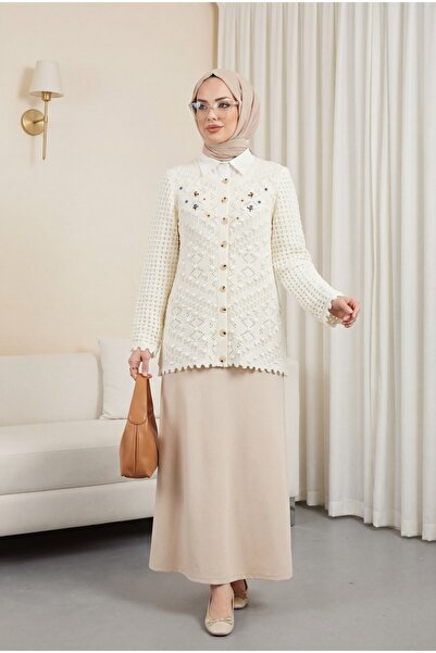 Modamorfo Ponponlu Yuvarlak Yaka Düğmeli Triko Hırka -Ekru