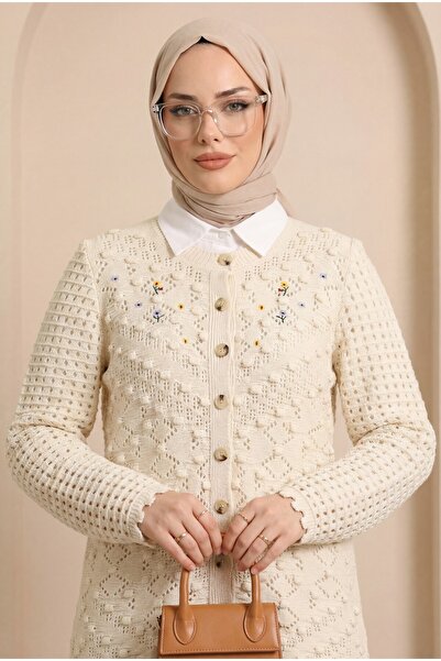 Modamorfo Πλεκτό Ζακέτα με Πομπον Στρογγυλή Λαιμόκοψη -Κρέμα