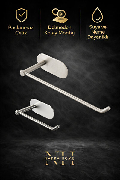 NAKRA HOME 2'li Set Paslanmaz Çelik Yapışkanlı Havlu Askısı ve Tuvalet Kağıtl...