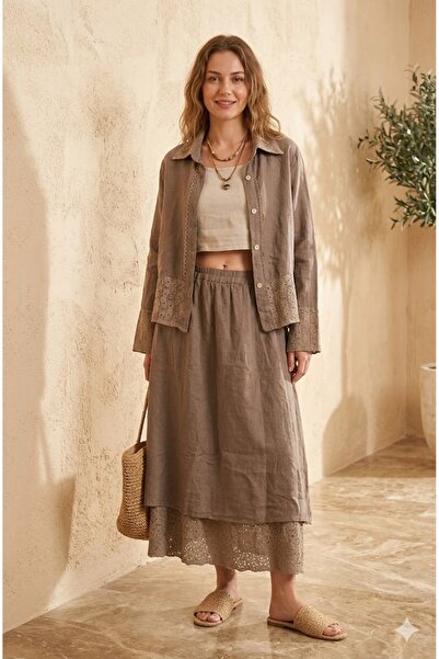 AYASOFYA OTANTIK Women's Italian Mink Lace Detailed 2-Piece Shirt and Skirt L...