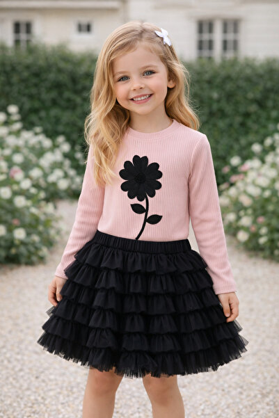 EYMİRGİYİM Κοριτσίστικο σετ από χτενισμένο βαμβάκι με φλοράλ ζιγκ-ζαγκ τούλιν...