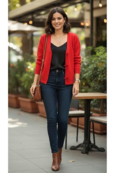 SİBELİZE Kadın İncili Fiyonk Aksesuarlı Triko Hırka