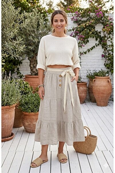 AYASOFYA OTANTIK Kadın Bej İtalyan Beli Lastikli Kemer ve Düğme Aksesuar Deta...