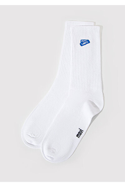 Mavi Nakışlı Beyaz Soket Çorap 0911588-620