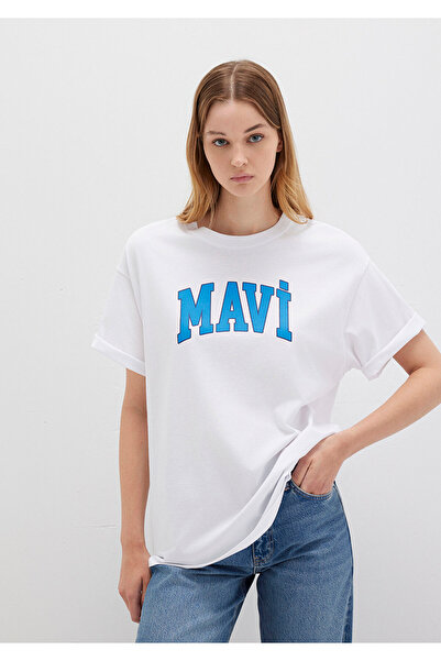 Mavi Logo Baskılı Beyaz Tişört Oversize / Geniş Kesim 1600843-70000