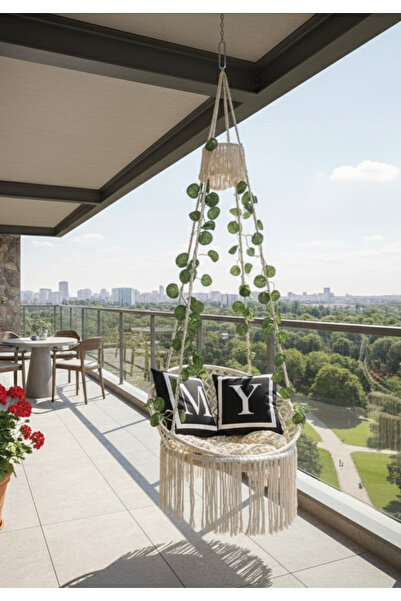 AslanButik Makrome Özel Örgü Salıncak Hamak Pamuk Ip Retro Tek Kişilik Ekru