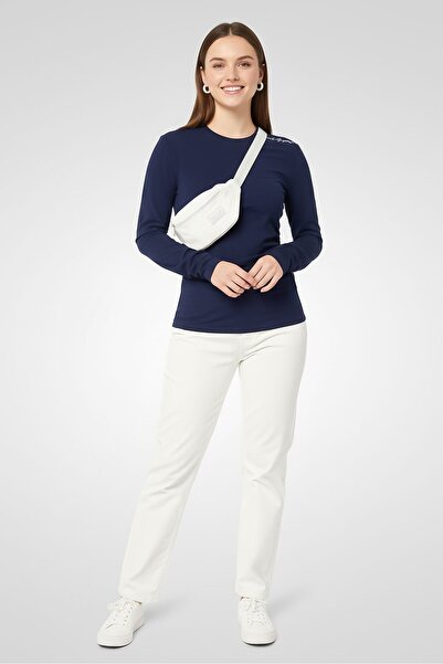 Karl Lagerfeld بلوزة نسائية سادة بأكمام طويلة وياقة دائرية، لون أزرق داكن