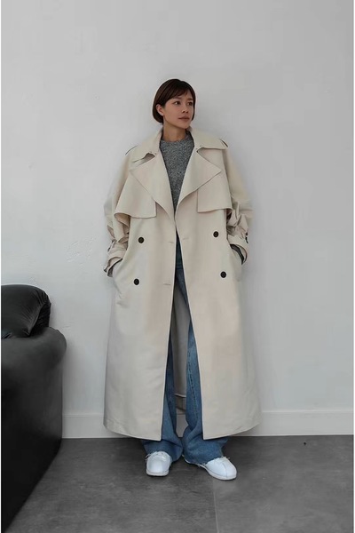 My Glowya Kadın Taş Renk Oversize Uzun Trençkot – Kruvaze Yaka Kuşaklı Premiu...