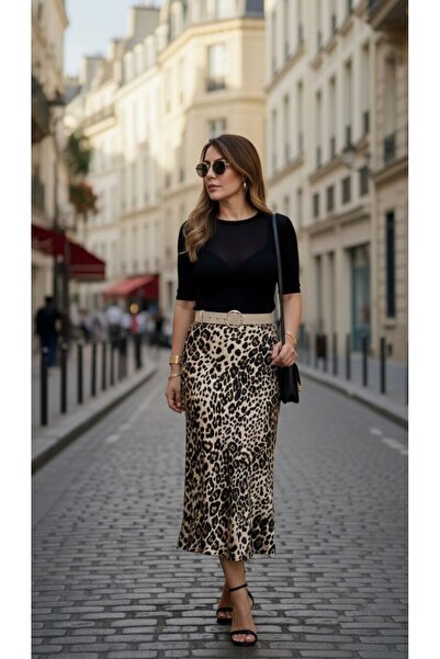SİBELİZE Bel Lastikli Leopar Saten Etek Bej